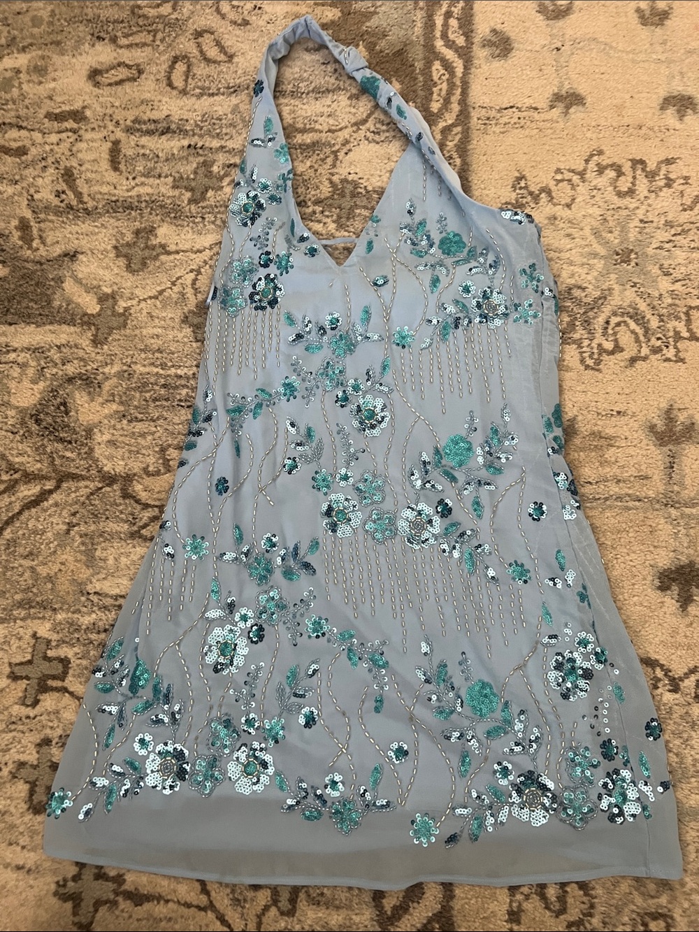 Light Blue Halter Dress with Sequin Floral Embroidery